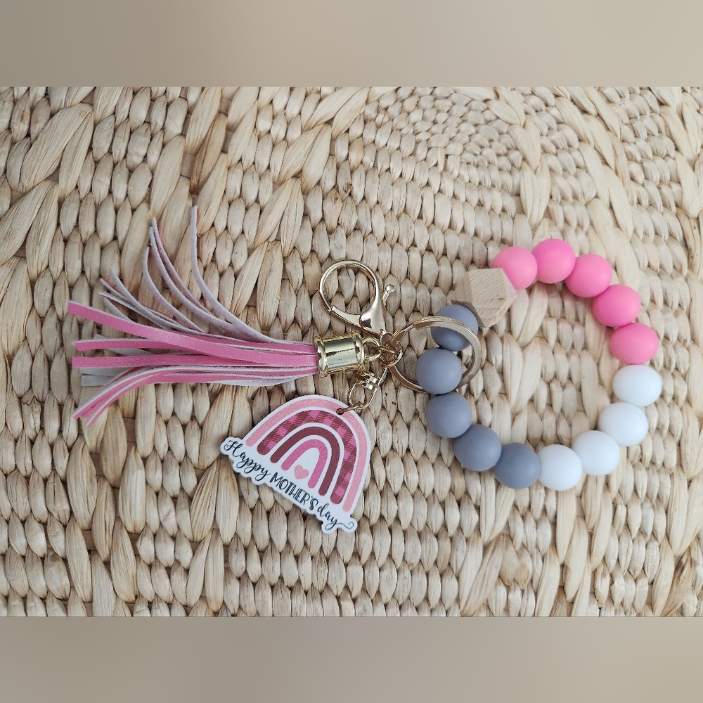 Pink and Gray Beaded Keychain with Tassel